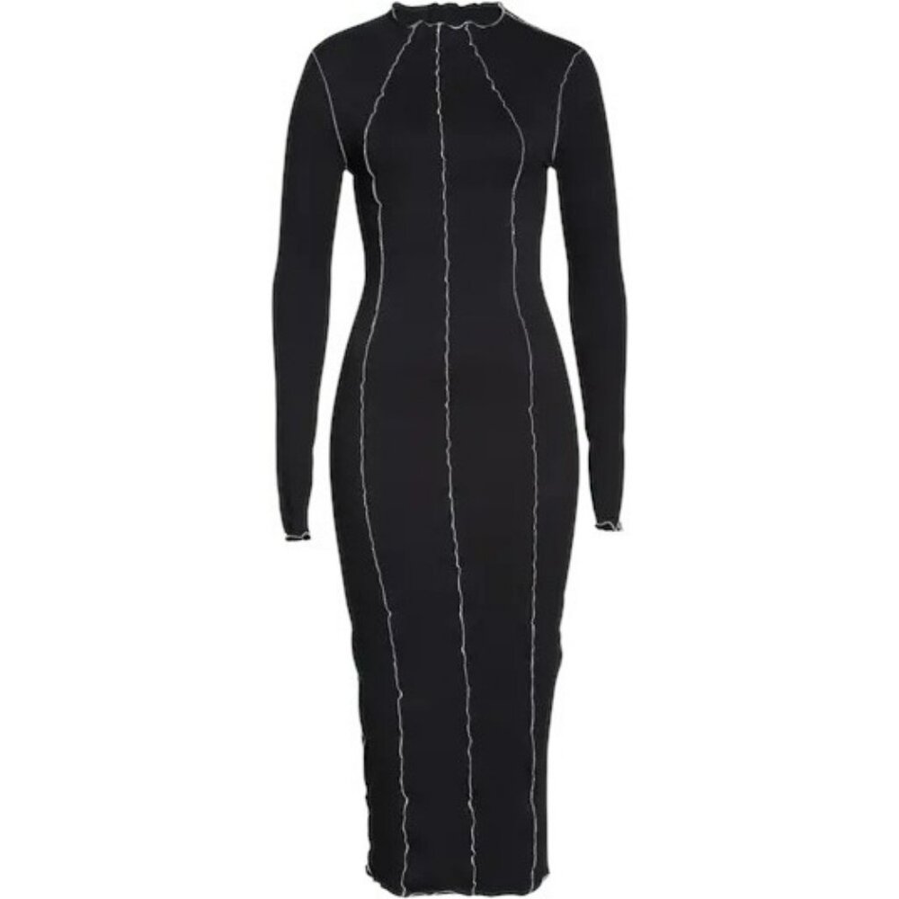 Good American Lettuce Edge Long Sleeve Midi Dress Fitted Knit Size 0 NWT